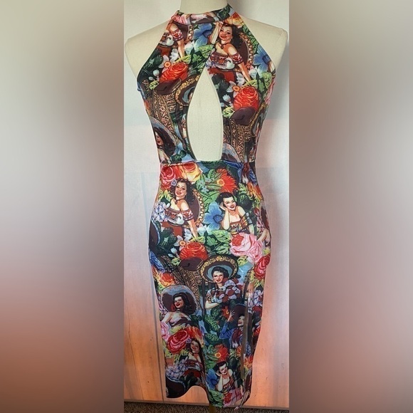 NWOT Calvin Tran print Bodycon dress w/large keyhole opening front/back Small - Picture 1 of 11